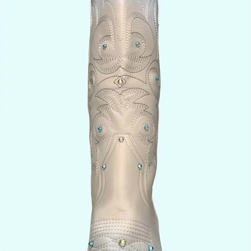 White Cowgirl Boots with Crystal Studs - Picture 7 of 11